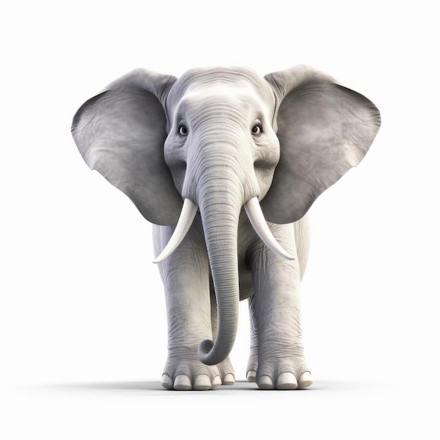 Elefante realistico in stile Pixar su sfondo bianco in 8k Uhd