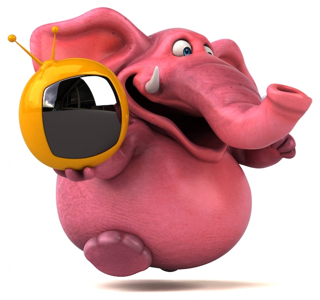 elefante rosa illustrato divertente che tiene una piccola TV