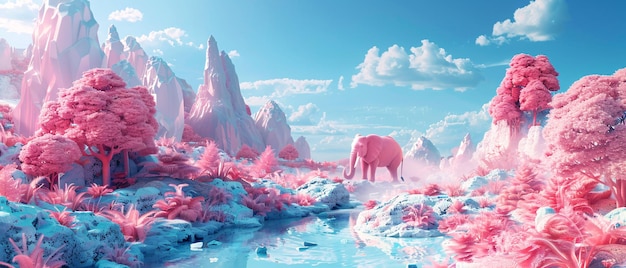 Elefante rosa in un paesaggio fantastico color caramella