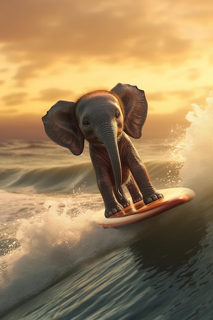 Elefante surfista su una tavola da surf che si diverte