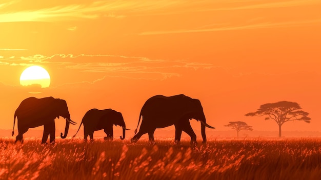 Elefanti africani al tramonto nella savana