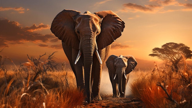 Elefanti africani che camminano in un campo di erba secca