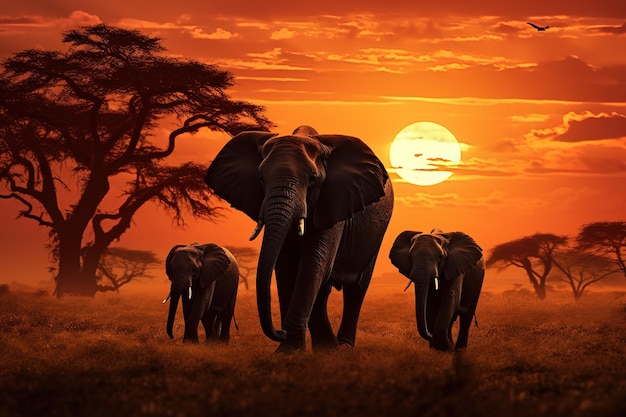 elefanti silhoutte al tramonto nella giornata mondiale degli animali della savana
