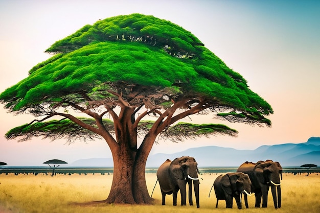 Elefanti sotto il grande albero verde nel deserto