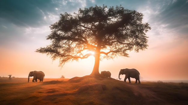 Elefanti sotto un albero al tramonto