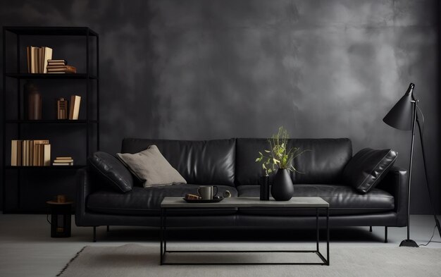 Elegance Black Living Room con divano in pelle Generative AI