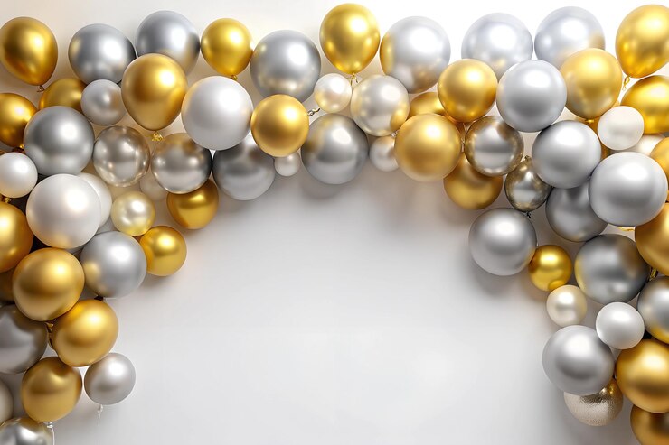 Elegant Balloon Banner with Gray and Gold Border Frame on White Background