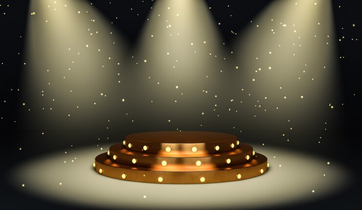 Elegant golden 3d podium with lights