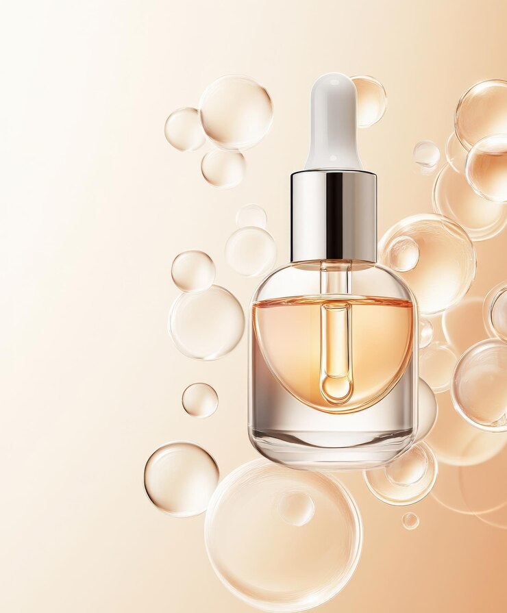 Elegant Serum Bottle with Dropper Surrounded by Gentle Bubbles on Soft Beige Background