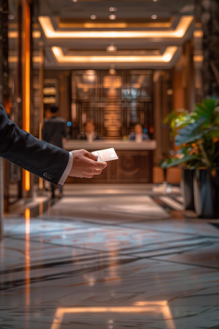 Elegant shot of a hotel receptionist handing over a key card in a minimalist setting