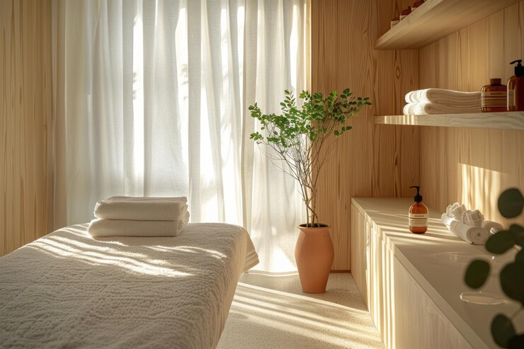 Elegant shot of a spa therapist preparing a treatment room in a serene minimalist setting