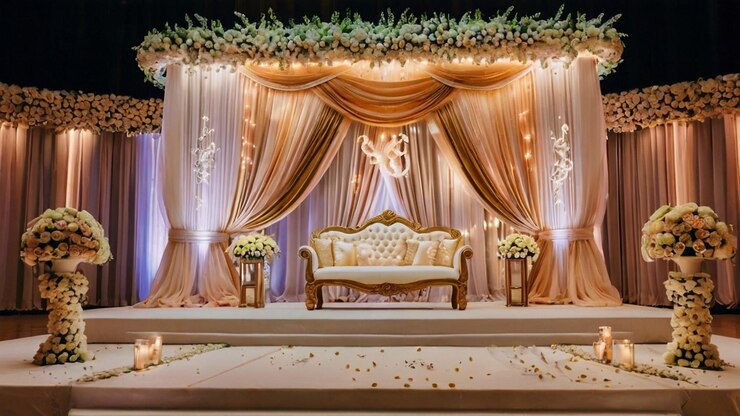 Elegant wedding stage decoration design with flowers and curtains for a wedding ceremony