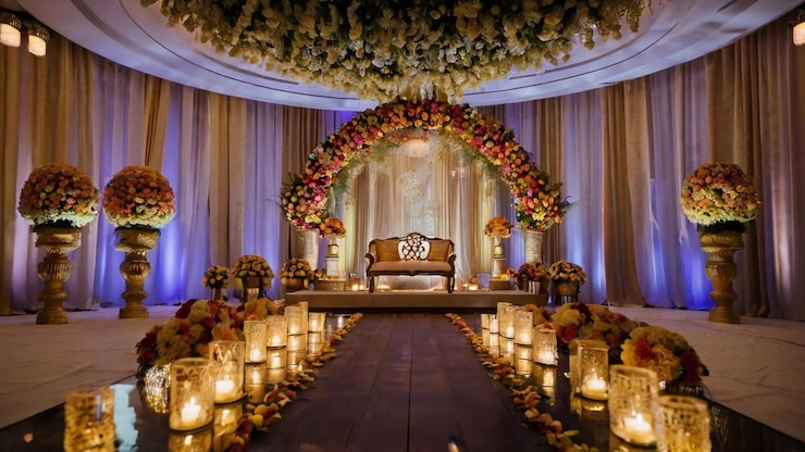 Elegant wedding stage decoration design with flowers and curtains for a wedding ceremony