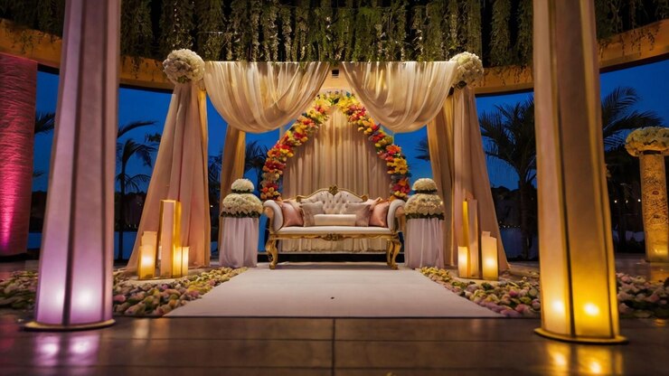 Elegant wedding stage decoration design with flowers and curtains for a wedding ceremony