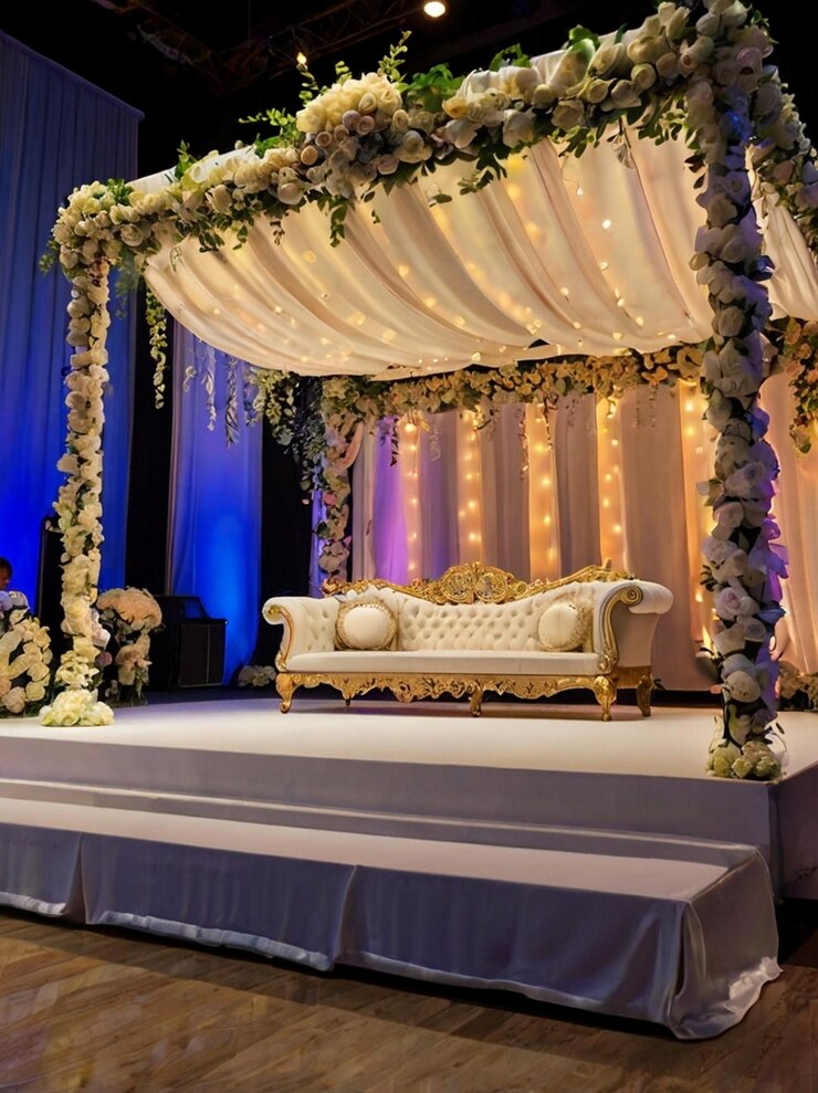 Elegant wedding stage decoration design with flowers and fabric for a wedding ceremony