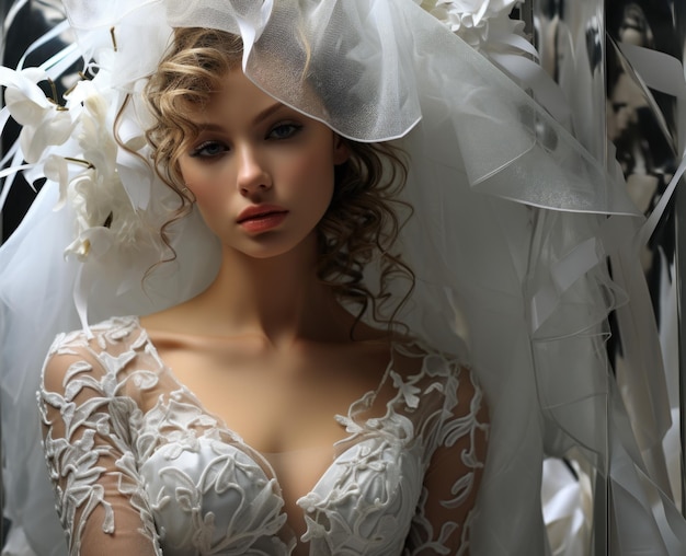 Elegante abito da sposa creativo su uno splendido modello in stile appello di lusso dall'aspetto eccellente abito bianco bellissimo design degli interni dall'aspetto glamour
