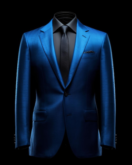 Elegante abito da uomo blu isolato su sfondo nero IA generativa