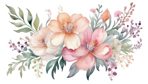 Elegante acquerello fiorito secchio di fiori illustrazione disegnata a mano su sfondo bianco