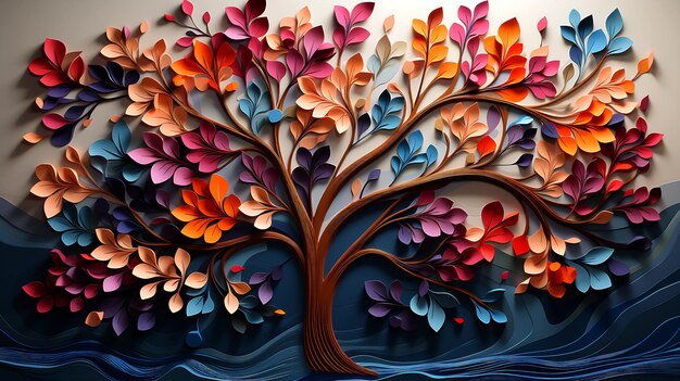 Elegante albero colorato con foglie vibranti che pendono rami carta da parati di astrazione 3d