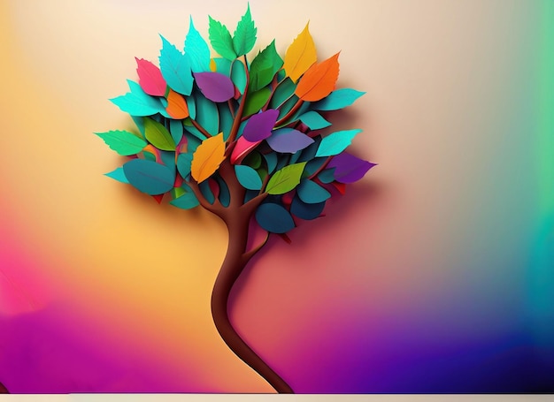 Elegante albero colorato con foglie vibranti che pendono rami sfondo dell'illustrazione Colore brillante 3d astrazione carta da parati per interni pittura murale wall art decor Ai