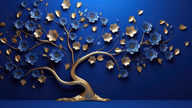 Elegante albero floreale dorato e blu reale con foglie e fiori appesi ai rami illustrazione