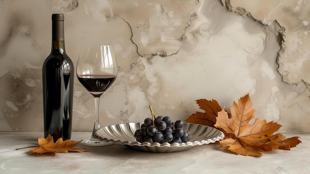 Elegante ambientazione del vino con uve lussureggianti foglie autunnali e atmosfera vintage per uso culinario e decorazione perfetta per menu autunnali ed appassionati di vino AI