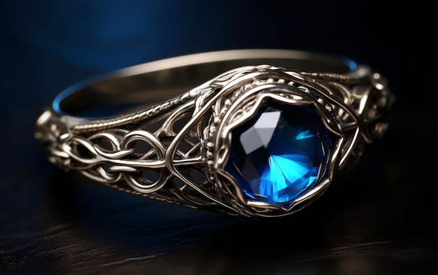 Elegante anello d'argento ornamentato con una stupenda IA generativa di pietra blu
