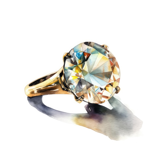 Elegante anello di diamanti ad acquerello su sfondo bianco