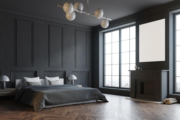 Elegante angolo della camera da letto principale con pareti nere, un letto nero e un caminetto con sopra un poster. Rendering 3d mock up