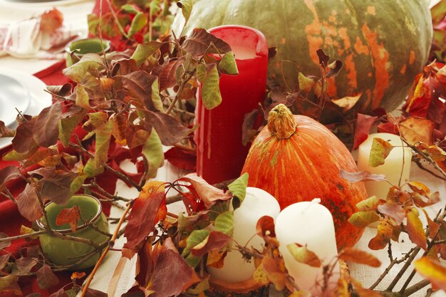 Elegante arredamento da tavola autunnale del Ringraziamento con zucca e rami secchi