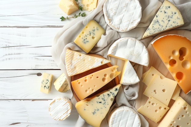 Elegante assortimento di formaggi pregiati su una superficie di legno bianco con formaggio blu Camembert svizzero e Gouda adornato con ramoscelli di timo