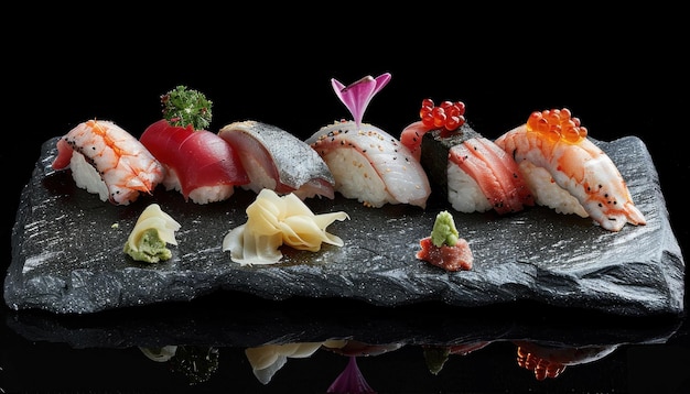 Elegante assortimento di sushi su ardesia nera