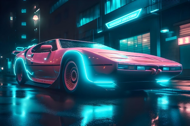 Elegante auto retrowave con luci al neon che illuminano le strade della città