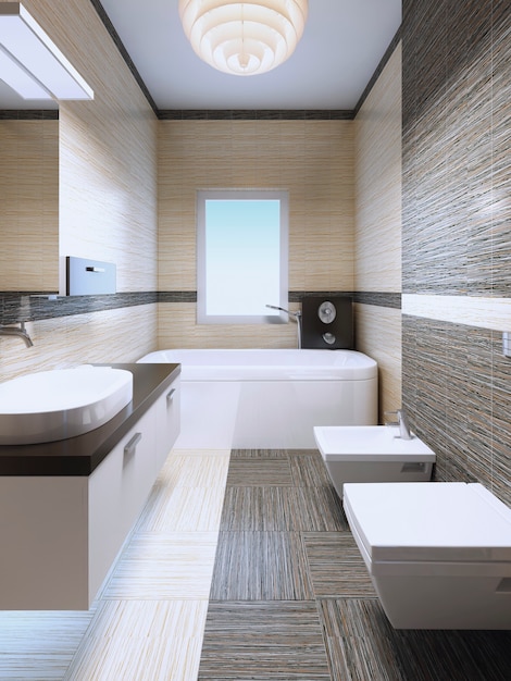 Elegante bagno in casa privata con finestra. Mattonella mista di colore crema e tortora chiaro. Rendering 3D