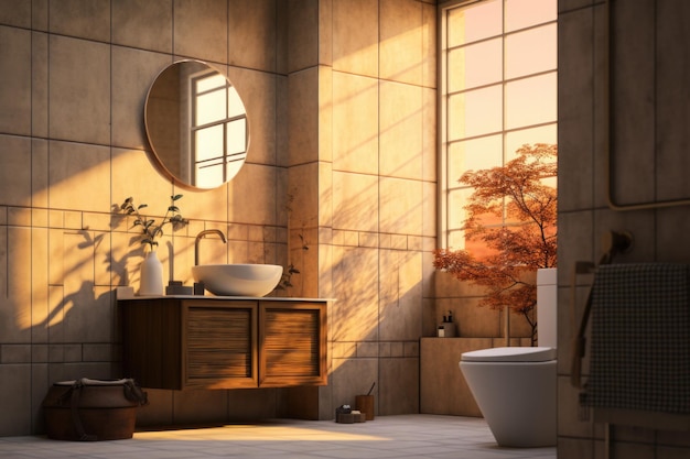 Elegante bagno interno con water Bagno con luce solare mattutina nella finestra