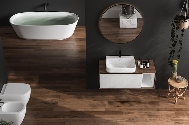 Elegante bagno interno scuro con pareti nere lavabo bianco con vasca da bagno a specchio ovale piante doccia e pavimento in parquet scuro Bagno accogliente minimalista con mobili moderni rendering 3D