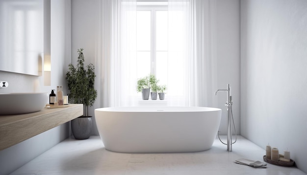 Elegante bagno moderno con pavimento in marmo e vasca generata da AI