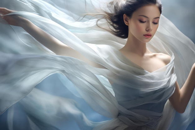 Elegante ballerina asiatica posa con grazia con un tessuto bianco fluente