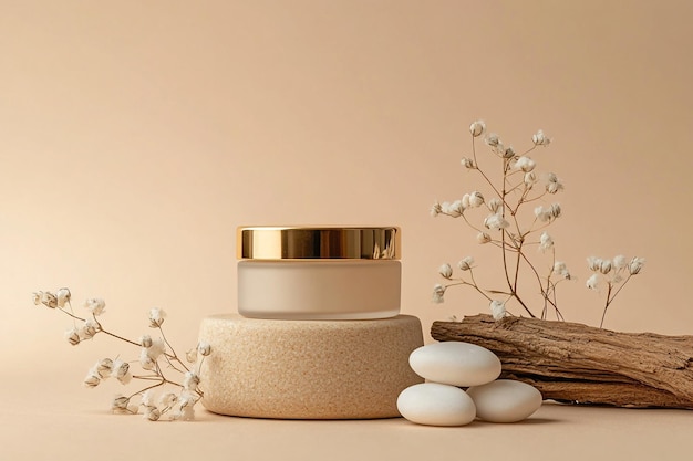 Elegante barattolo di crema per la cura della pelle con coperchio dorato su sfondo beige con elementi naturali