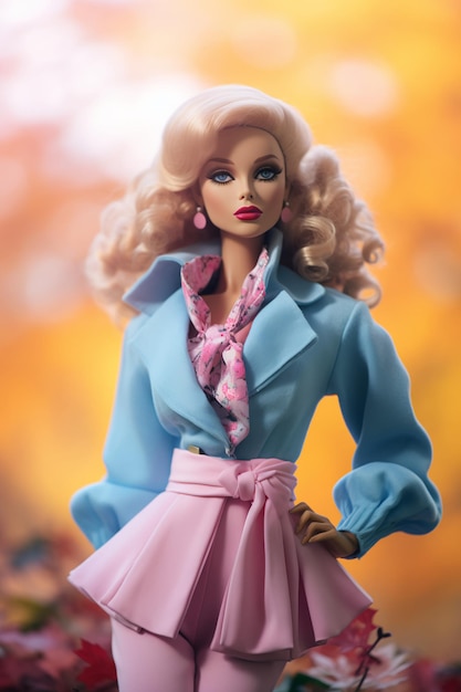 Elegante Barbie d'autunno in un abito rosa e blu pastello