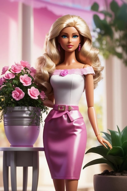 Elegante Barbie in gonna rosa circondata da fiori ideale per sfondi, poster e cartoline