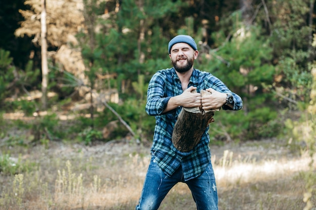 Elegante barbuto forestale strappo a pezzi di legno nella foresta