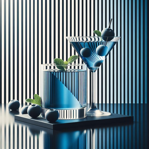Elegante bicchiere di Martini con cocktail blu fette di melone e mirtilli