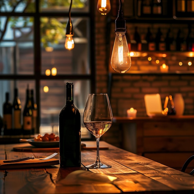 Elegante bicchiere di vino rosso con bottiglie e rimbalzatore su tavolo rustico Ideale per mangiare e assaggiare vino