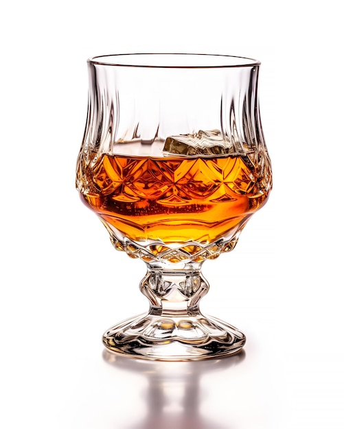 Elegante bicchiere di whisky con cubetti di ghiaccio isolati su sfondo bianco