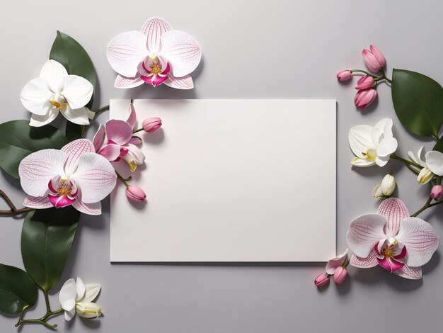 Elegante biglietto bianco bianco con fiori di orchidee su sfondo grigio
