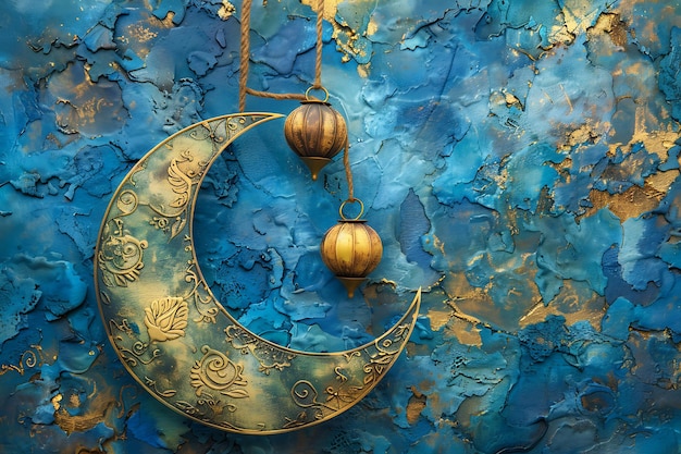 Elegante biglietto di auguri di Eid Mubarak con luna d'oro e lanterna