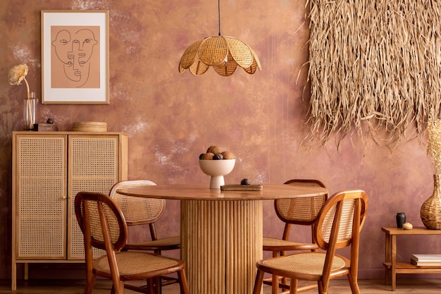 Elegante boho vintage sala da pranzo interna con poster mock up Tavola rotonda con sedia in rattan commode e piante Parete marrone e lampada in rattan Mock up poster Modello