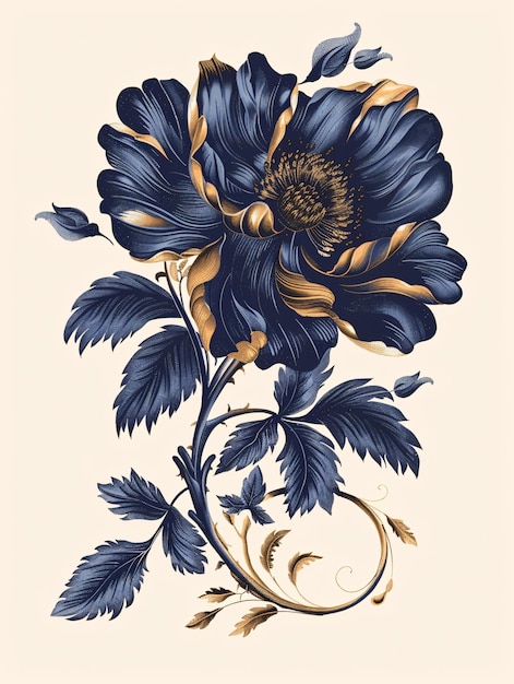 Elegante bordo floreale vintage con dettagli intricati e accenti blu e oro
