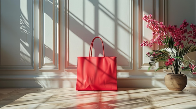 Elegante borsa di pelle rossa con maniglie La borsa si trova su uno sfondo neutrale che evidenzia il suo colore vibrante
